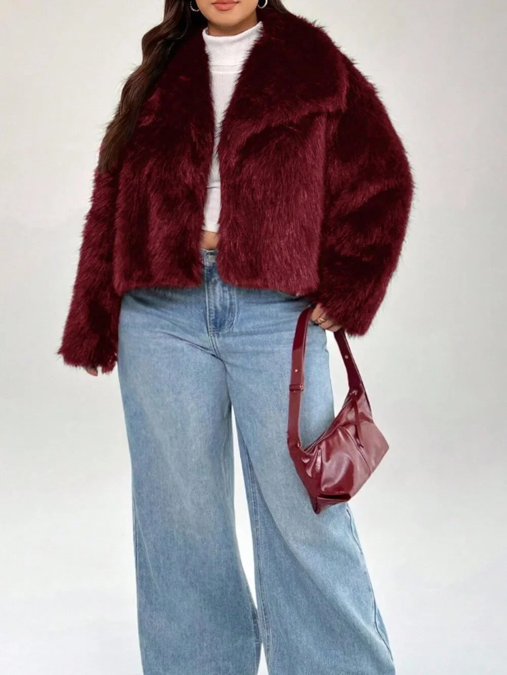 Burgundy Elegant Women's Plus Size Collar Loose Long Sleeve Furry Coat